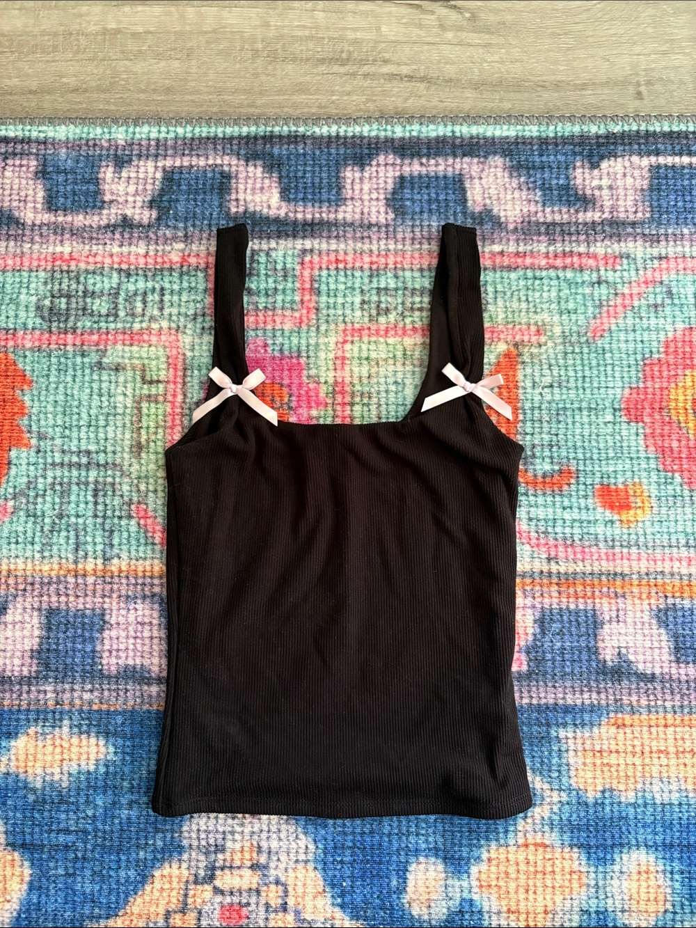 Black Bow-Accent Ribbed Tank Top - Women